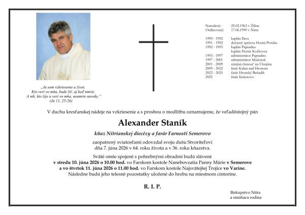 Zomrel vdp. Alexander Staník